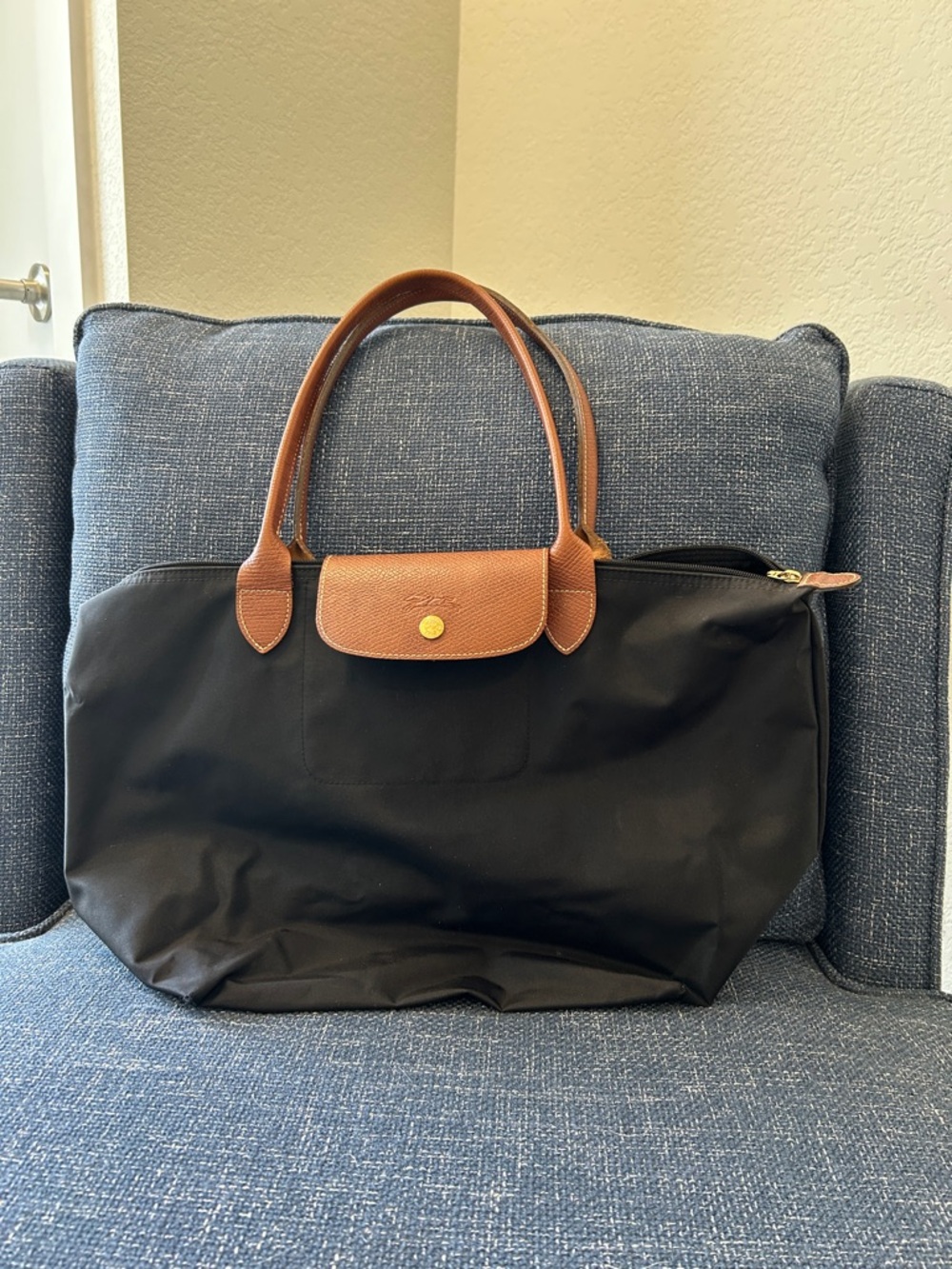 Classic Black Tote with Brown Leather Trim - Longchamp Le Pliage